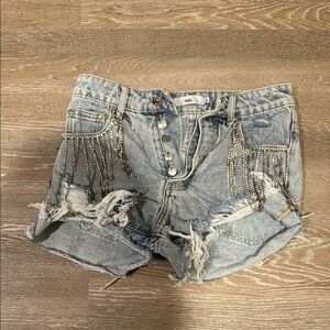 Stylish Distressed Denim Shorts with Beaded Details